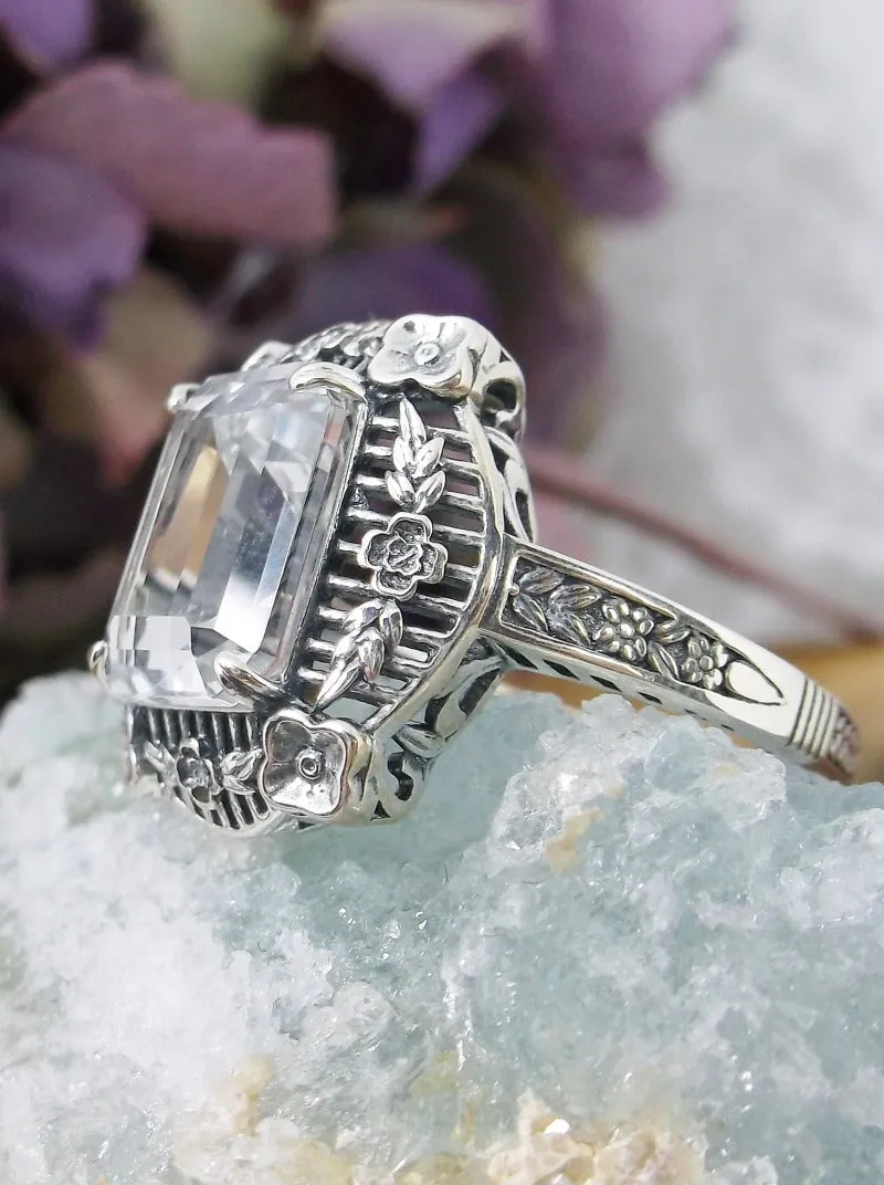 White Topaz Picture Frame Ring, Natural Or Simulated Gemstone, Victorian Floral Filigree Jewelry #D227