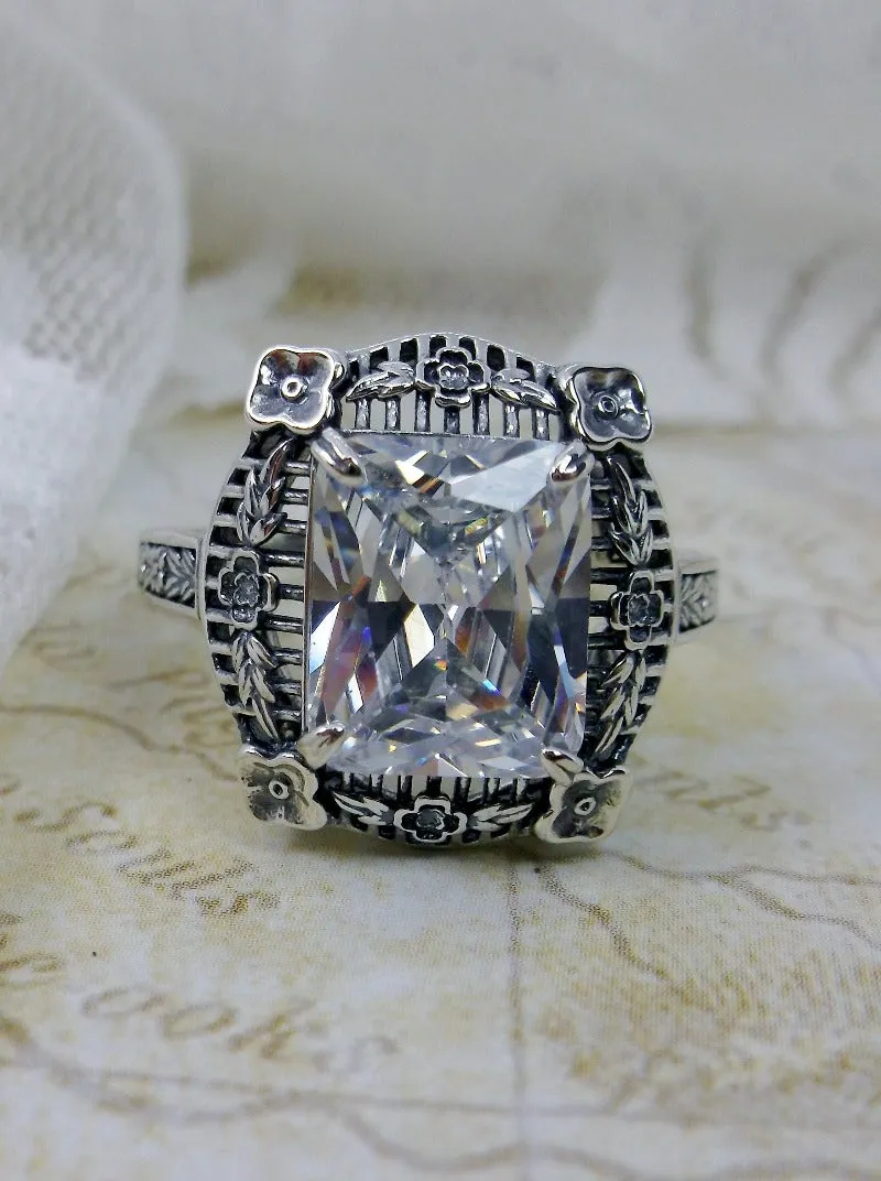 White Topaz Picture Frame Ring, Natural Or Simulated Gemstone, Victorian Floral Filigree Jewelry #D227