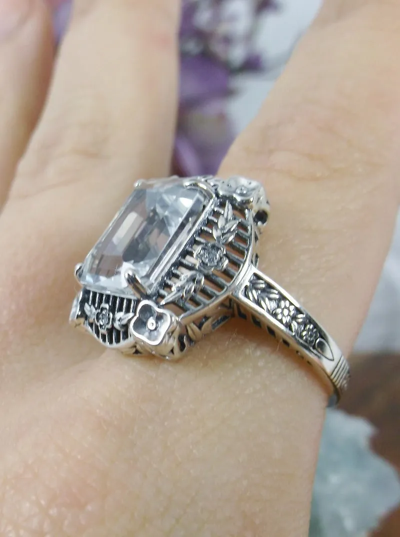 White Topaz Picture Frame Ring, Natural Or Simulated Gemstone, Victorian Floral Filigree Jewelry #D227