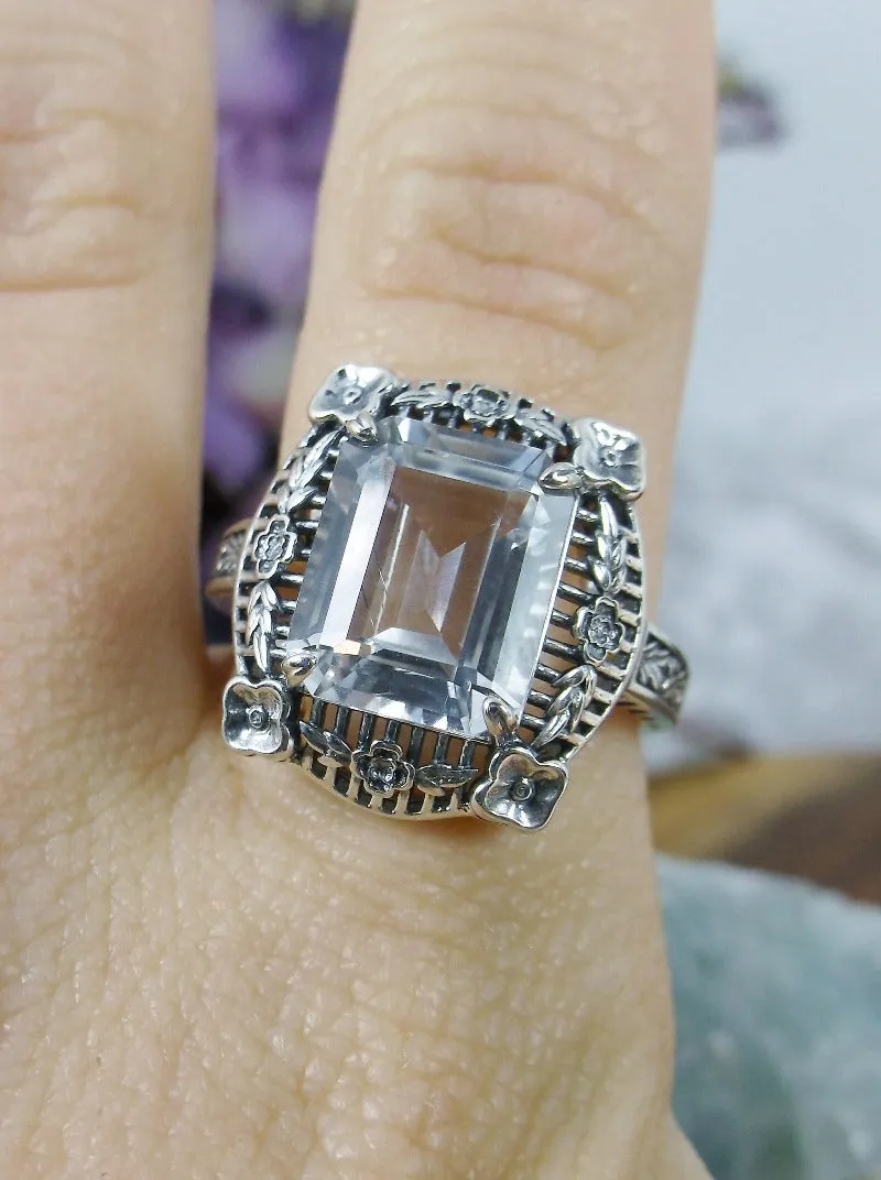 White Topaz Picture Frame Ring, Natural Or Simulated Gemstone, Victorian Floral Filigree Jewelry #D227
