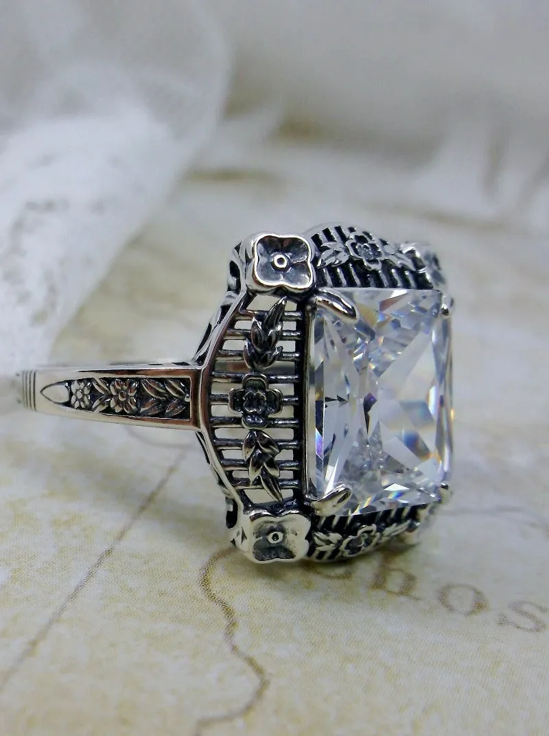 White Topaz Picture Frame Ring, Natural Or Simulated Gemstone, Victorian Floral Filigree Jewelry #D227