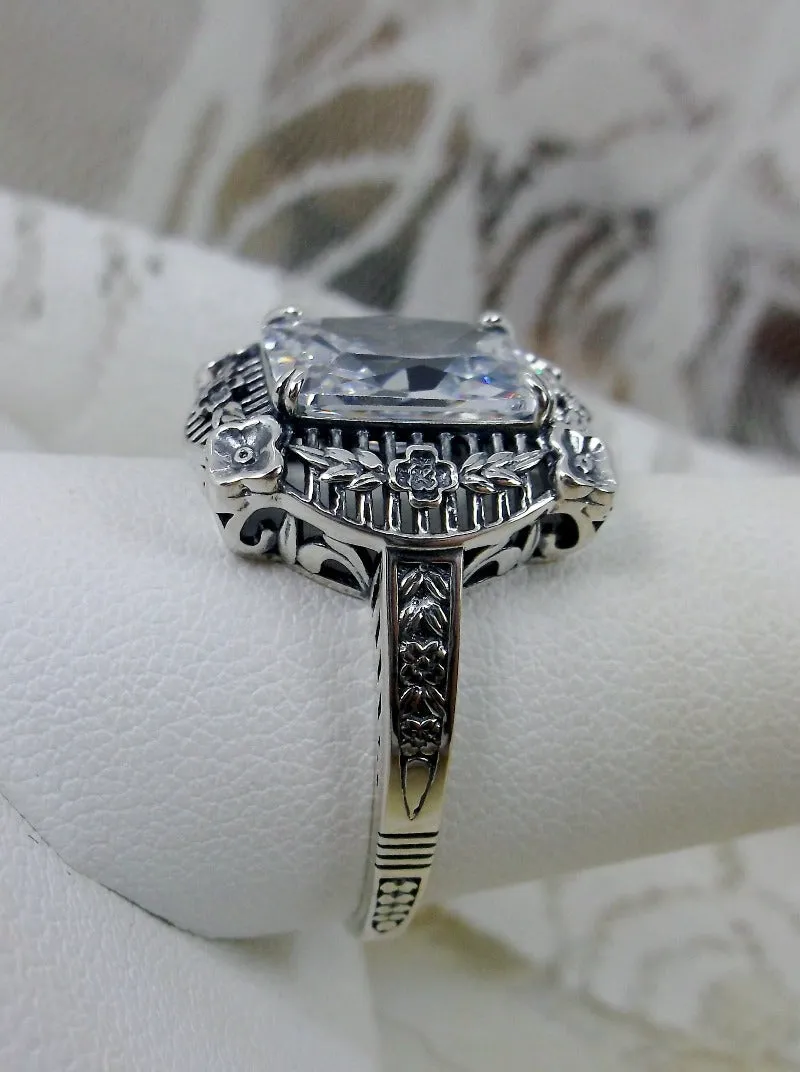White Topaz Picture Frame Ring, Natural Or Simulated Gemstone, Victorian Floral Filigree Jewelry #D227