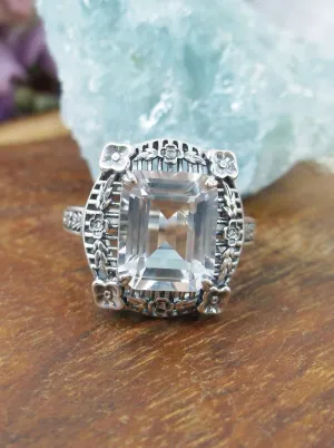 White Topaz Picture Frame Ring, Natural Or Simulated Gemstone, Victorian Floral Filigree Jewelry #D227