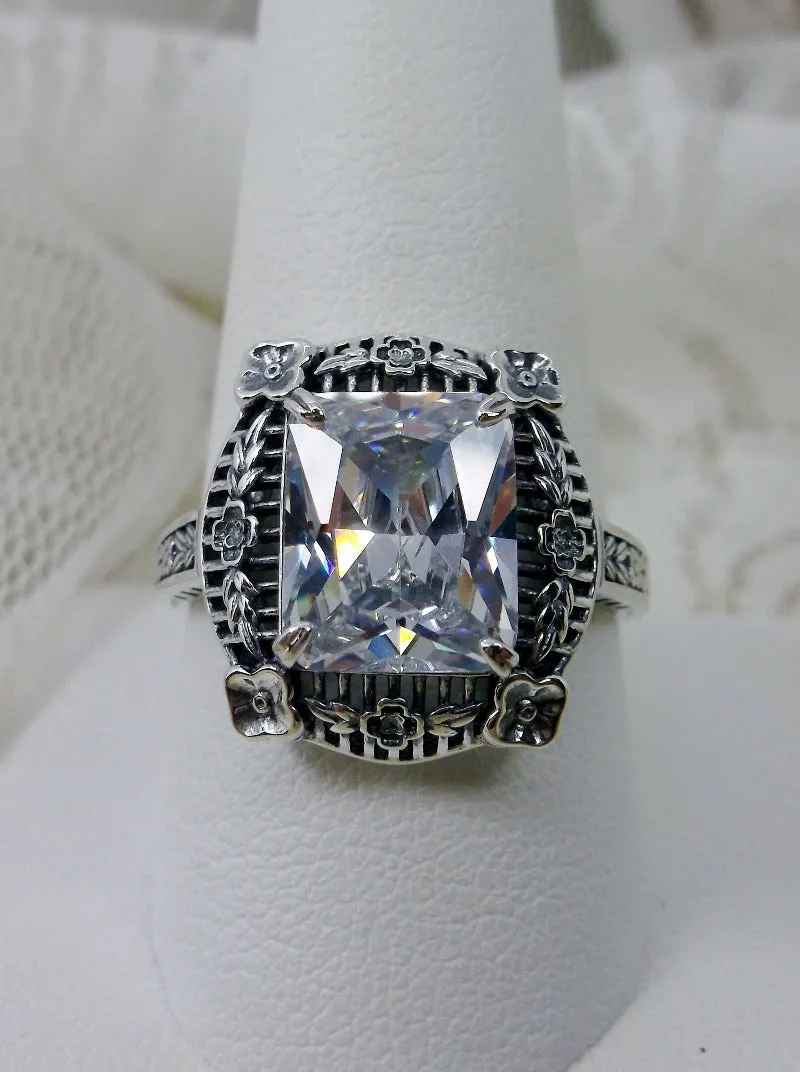 White Topaz Picture Frame Ring, Natural Or Simulated Gemstone, Victorian Floral Filigree Jewelry #D227