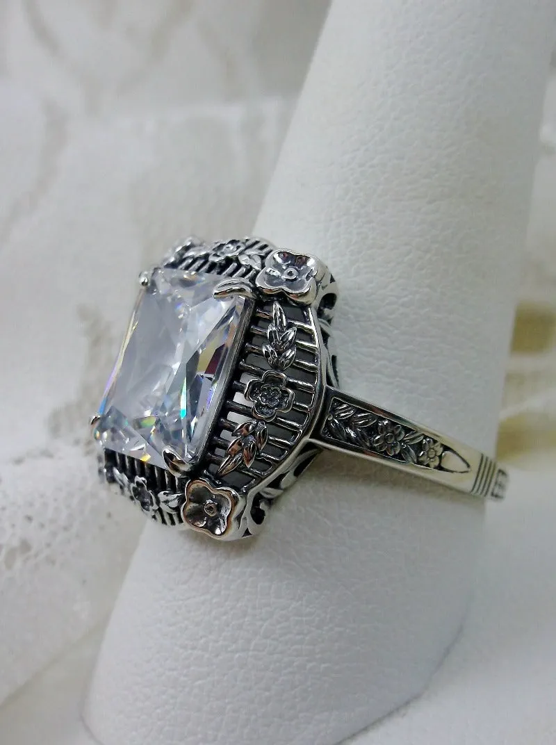 White Topaz Picture Frame Ring, Natural Or Simulated Gemstone, Victorian Floral Filigree Jewelry #D227