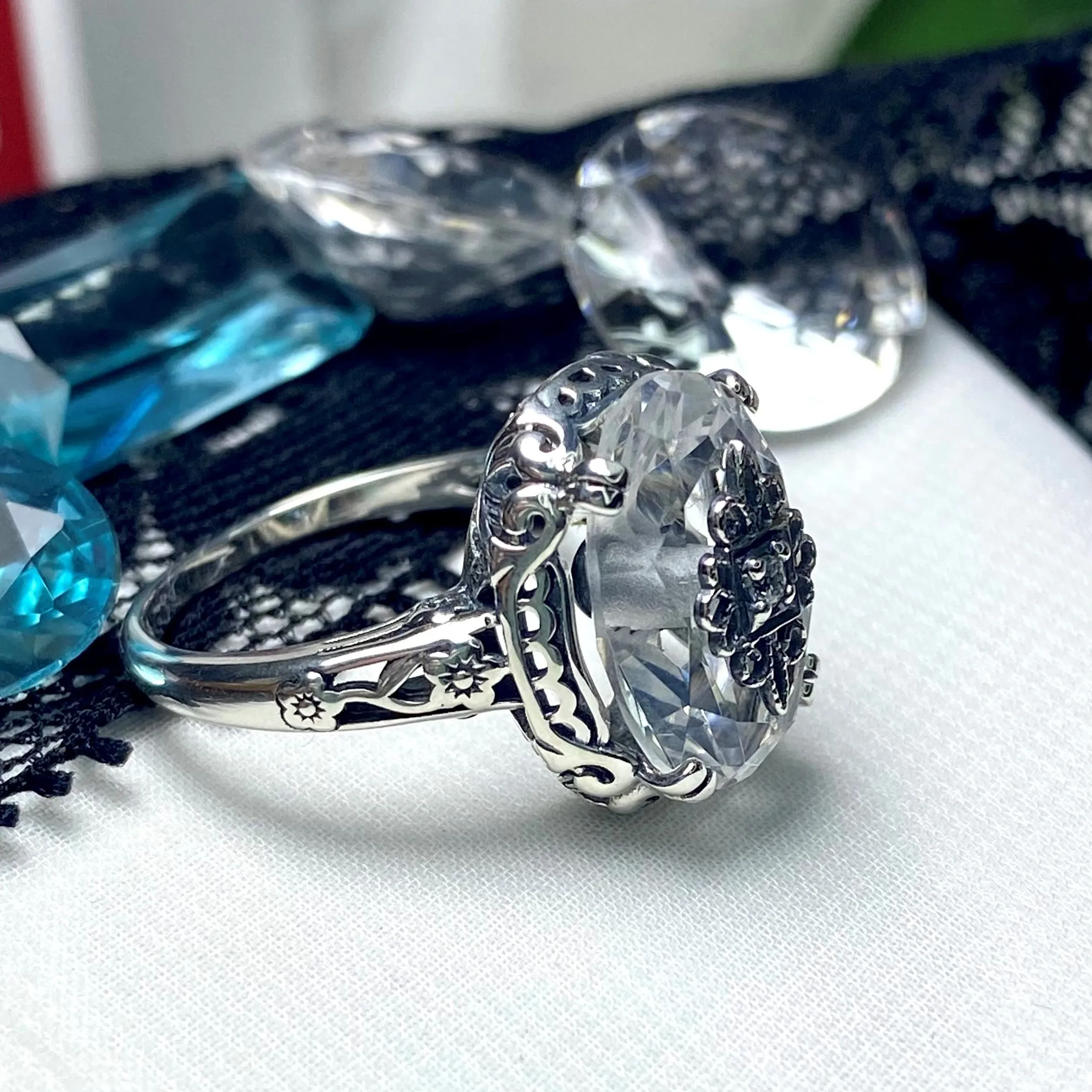 White Topaz Ring, Sterling Silver Embellishment, Edwardian Jewelry #D70e