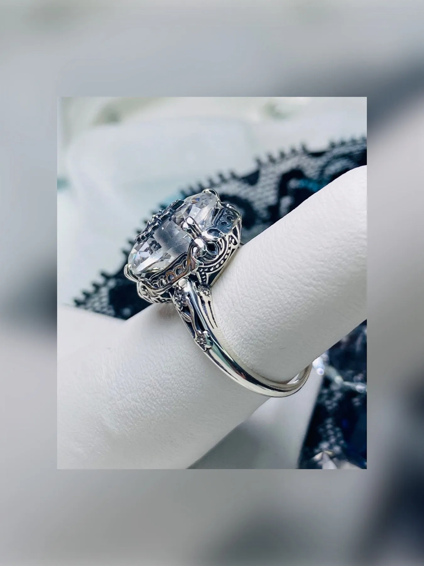 White Topaz Ring, Sterling Silver Embellishment, Edwardian Jewelry #D70e