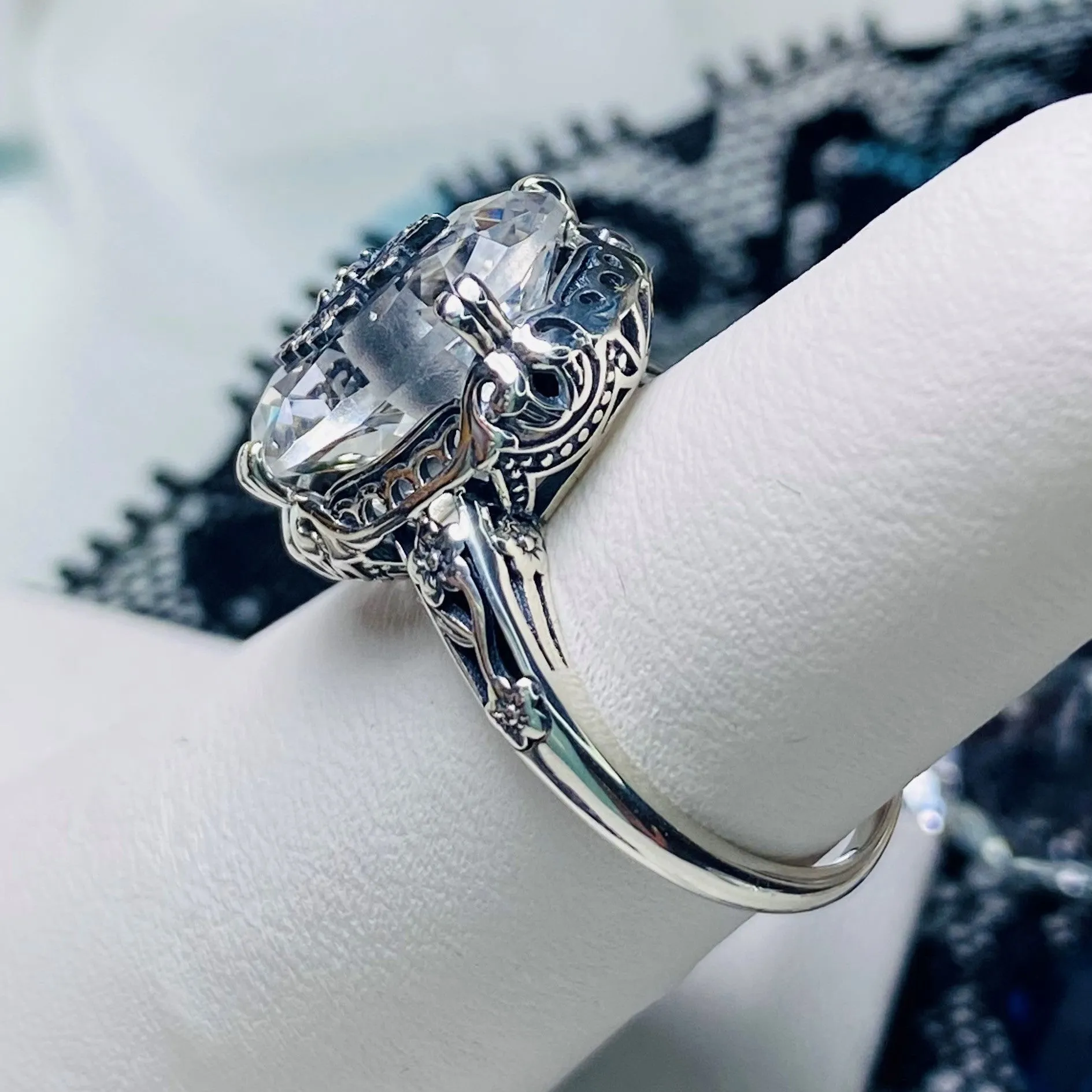 White Topaz Ring, Sterling Silver Embellishment, Edwardian Jewelry #D70e