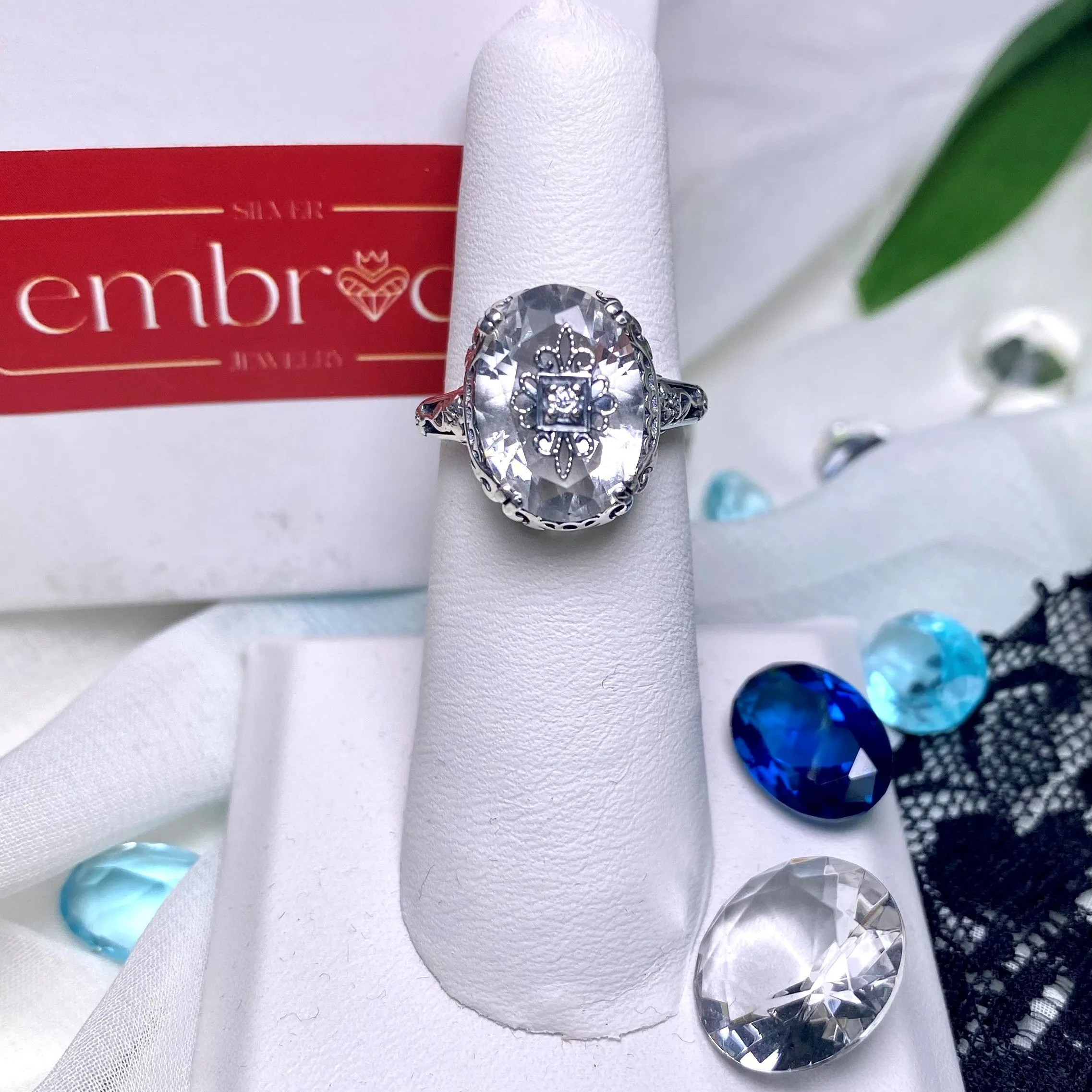 White Topaz Ring, Sterling Silver Embellishment, Edwardian Jewelry #D70e