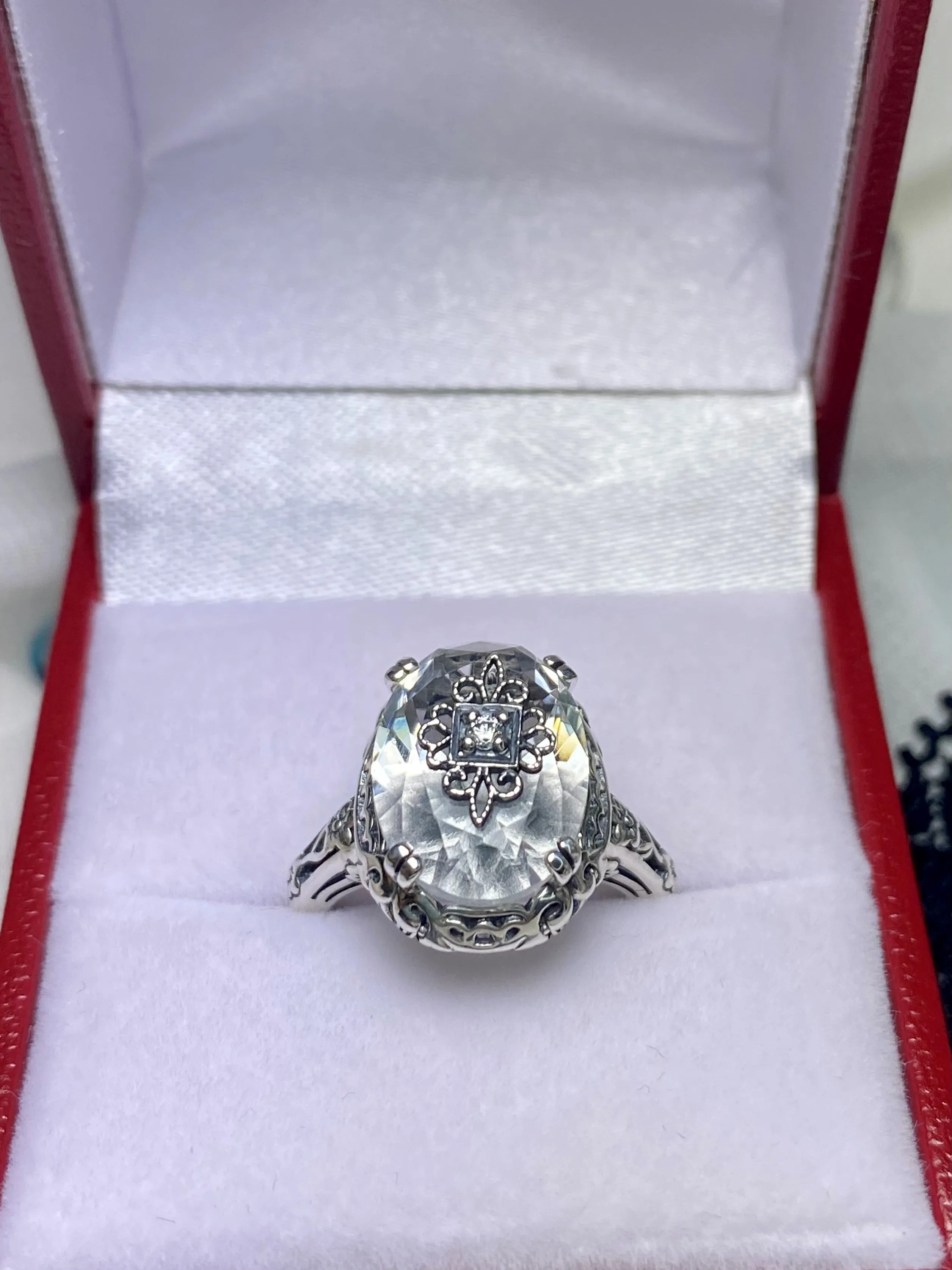 White Topaz Ring, Sterling Silver Embellishment, Edwardian Jewelry #D70e