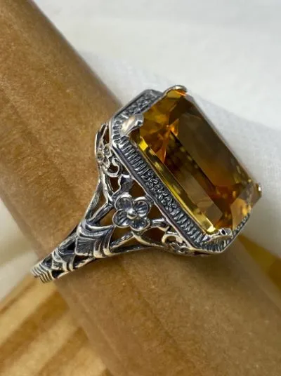 Yellow Citrine Art Nouveau Ring, Natural or CZ Gemstone, Vintage Style Jewelry, Design#D64