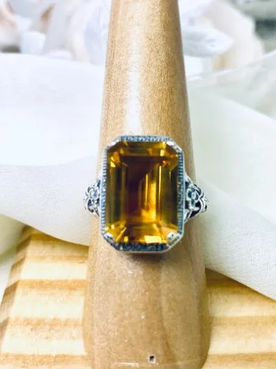 Yellow Citrine Art Nouveau Ring, Natural or CZ Gemstone, Vintage Style Jewelry, Design#D64
