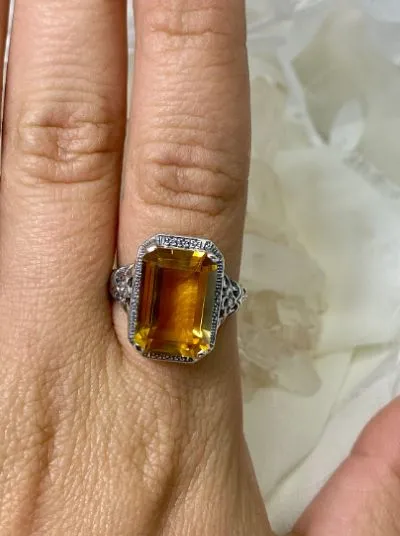 Yellow Citrine Art Nouveau Ring, Natural or CZ Gemstone, Vintage Style Jewelry, Design#D64