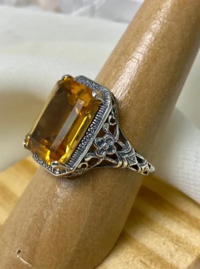 Yellow Citrine Art Nouveau Ring, Natural or CZ Gemstone, Vintage Style Jewelry, Design#D64