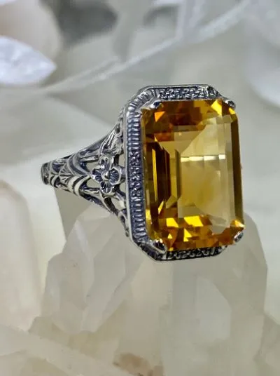 Yellow Citrine Art Nouveau Ring, Natural or CZ Gemstone, Vintage Style Jewelry, Design#D64