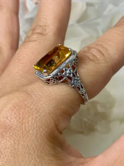 Yellow Citrine Art Nouveau Ring, Natural or CZ Gemstone, Vintage Style Jewelry, Design#D64